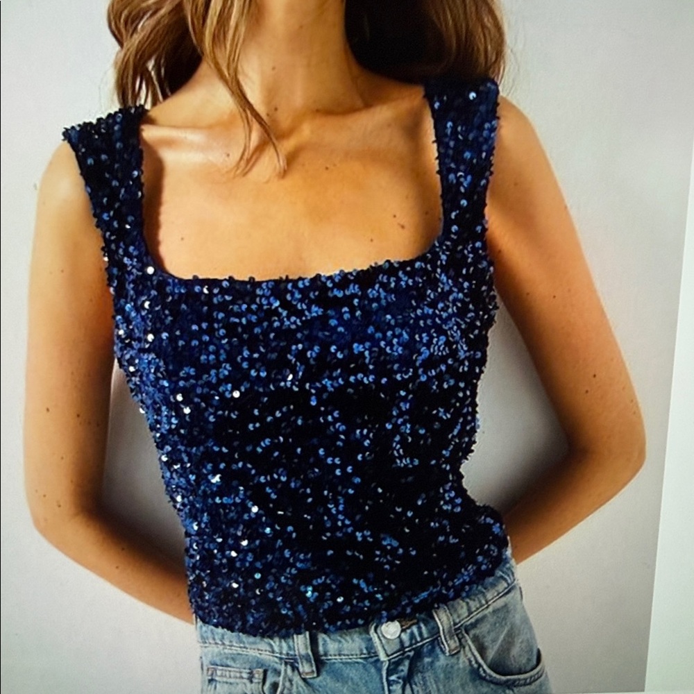 NWOT Mango Navy Sequin square neck tank Top